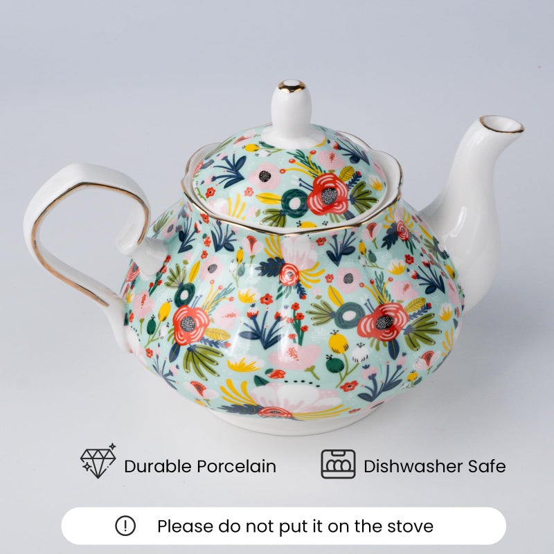 LEAZUL 33.8 oz Porcelain Tea Pot Luxury Gold Trim Floral Ceramic Teapot Waterpot Tea Maker for Blooming Loose Leaf Tea Coffee Milk Chrismas Women Gift Housewarming Home Kitchen DÃ©cor (Mint) - Image 2