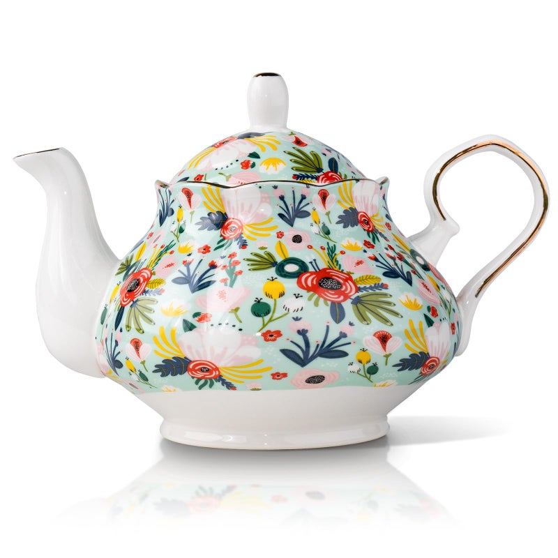 LEAZUL 33.8 oz Porcelain Tea Pot Luxury Gold Trim Floral Ceramic Teapot Waterpot Tea Maker for Blooming Loose Leaf Tea Coffee Milk Chrismas Women Gift Housewarming Home Kitchen DÃ©cor (Mint) - Image 1