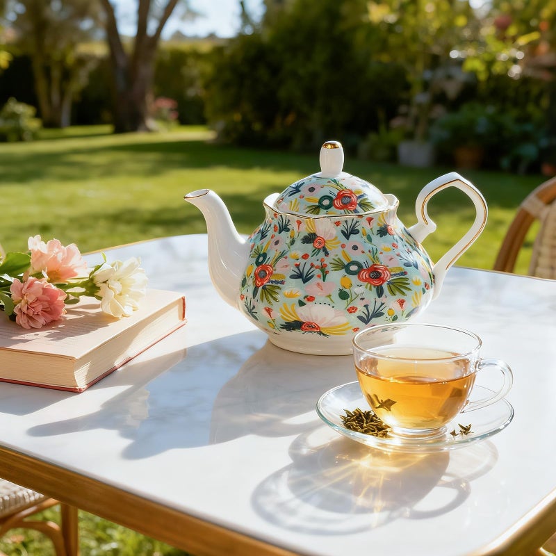LEAZUL 33.8 oz Porcelain Tea Pot Luxury Gold Trim Floral Ceramic Teapot Waterpot Tea Maker for Blooming Loose Leaf Tea Coffee Milk Chrismas Women Gift Housewarming Home Kitchen DÃ©cor (Mint) - Image 5