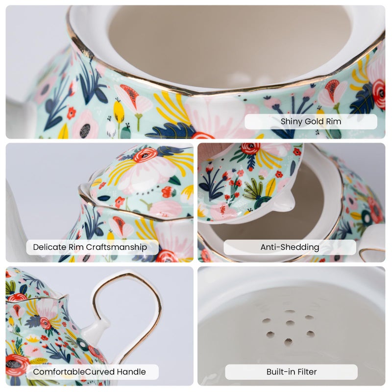 LEAZUL 33.8 oz Porcelain Tea Pot Luxury Gold Trim Floral Ceramic Teapot Waterpot Tea Maker for Blooming Loose Leaf Tea Coffee Milk Chrismas Women Gift Housewarming Home Kitchen DÃ©cor (Mint) - Image 4
