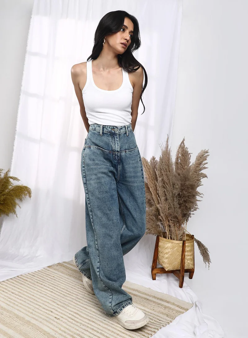 Campus Sutra  Women's Navy Blue Acid-Wash Straight Denim Jeans For Casual Wear | Medium-Wash | High-Rise | Button Closure | Denim Jeans Designed With Comfortable Fit For Woman & Girls for Women | Best Price UAE