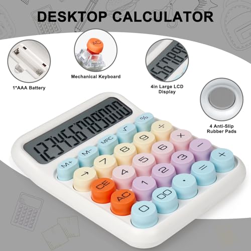 DANRONG Mechanical Switch Calculator with Big Buttons, Calculators Desktop, 12 Digits, Large LCD Display, Desk Calculator, Cute Pink Calculators for Teachers Students Basic Office (White) - Image 5