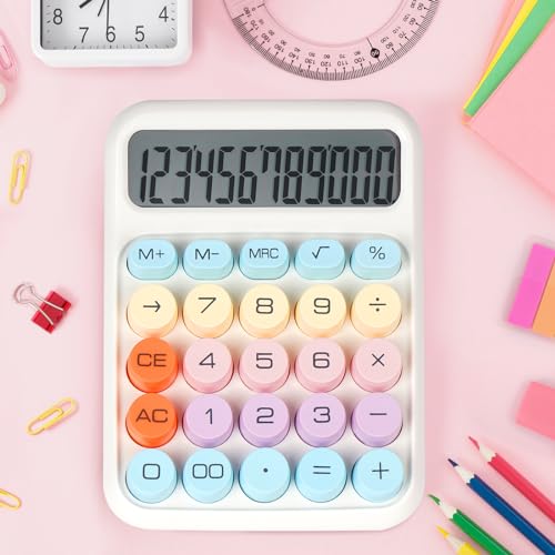 DANRONG Mechanical Switch Calculator with Big Buttons, Calculators Desktop, 12 Digits, Large LCD Display, Desk Calculator, Cute Pink Calculators for Teachers Students Basic Office (White) - Image 4