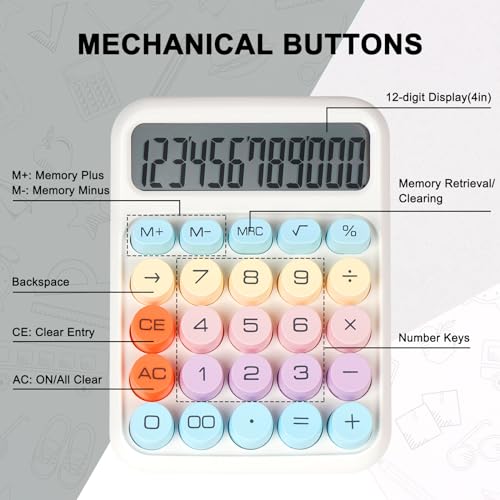 DANRONG Mechanical Switch Calculator with Big Buttons, Calculators Desktop, 12 Digits, Large LCD Display, Desk Calculator, Cute Pink Calculators for Teachers Students Basic Office (White) - Image 3