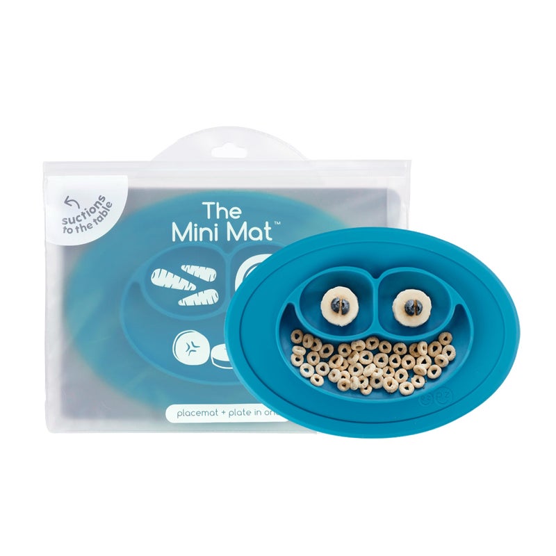ezpz Mini Mat (Blue) - 6 -12 Months+ - 100% Silicone Suction Placemat + Divided Plate with Three Compartments - Supports Baby-Led Weaning - Designed for Highchair, Table, and Travel - Image 1
