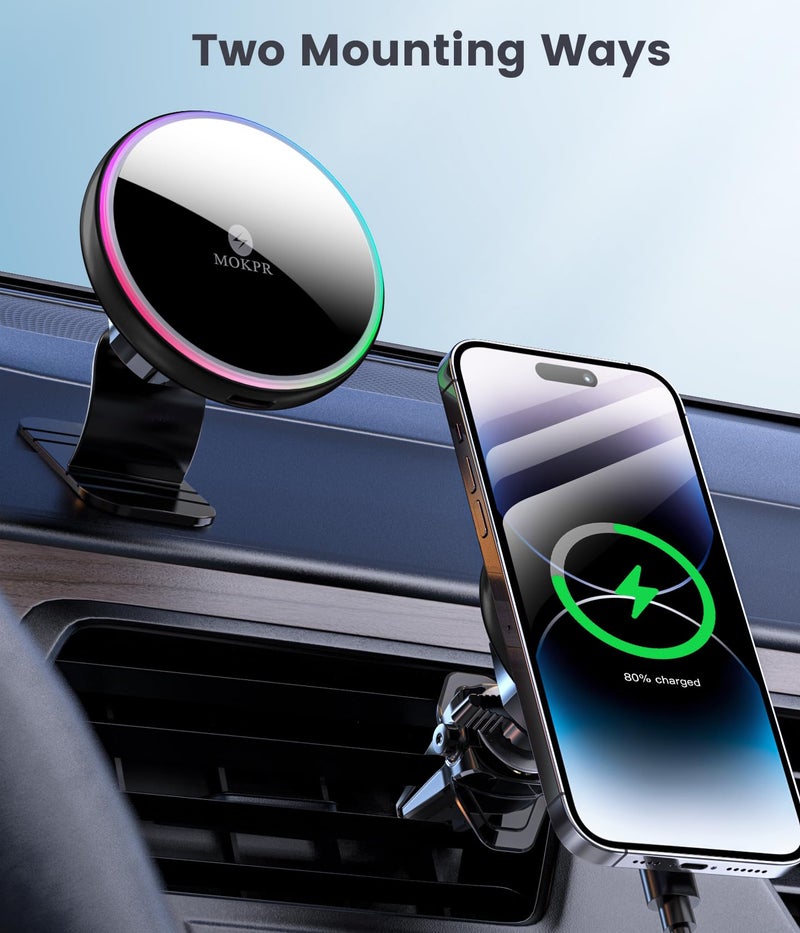 MOKPR for Magsafe Car Mount Charger-15W Wireless Car Charger-Magnetic Car Phone Holder for Dash Air Vent-LED RGB HandsFree Car Mount Fast Car Charger for iPhone 16 15/14/13/12 Series - Image 2