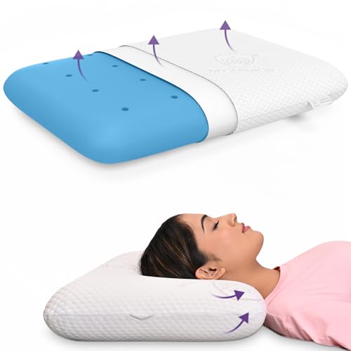 MY ARMOR Ventilated Cooling Gel Memory Foam Pillow Thin Size 3 Inch High, Neck Pain Relief & Back Support Cushion with Removable Washable Cover - Pack of 1 - Image 1