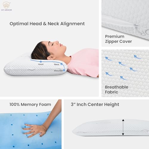 MY ARMOR Ventilated Cooling Gel Memory Foam Pillow Thin Size 3 Inch High, Neck Pain Relief & Back Support Cushion with Removable Washable Cover - Pack of 1 - Image 4