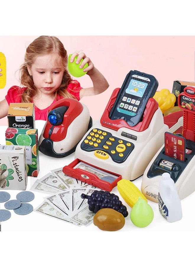 Cash Register for Kids, Kids Cashier with Checkout Scanner, Pretend Play Cash Register Toy, Fruit Card Reader, Play Money and Grocery Play Food Set, Educational Toy for Boys u0026 Girls Gifts Toddlers - Image 1