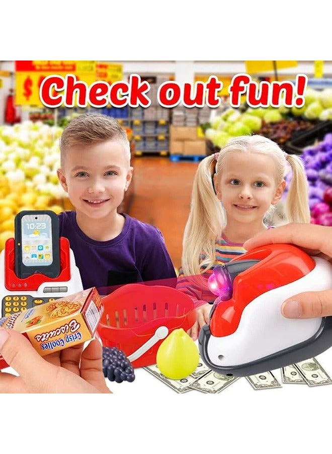 Cash Register for Kids, Kids Cashier with Checkout Scanner, Pretend Play Cash Register Toy, Fruit Card Reader, Play Money and Grocery Play Food Set, Educational Toy for Boys u0026 Girls Gifts Toddlers - Image 2