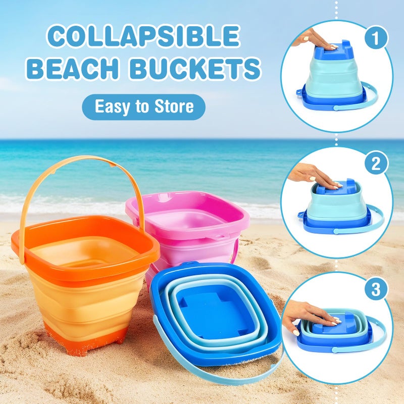 Dreamon Beach Toys for Kids 3-10, Collapsible Sand Castle Toys for Beach Include 3 Pack Foldable Buckets, Shovels Molds and Storage Mesh Bag, Sandbox Travel Toy for Toddlers Kids - Image 3