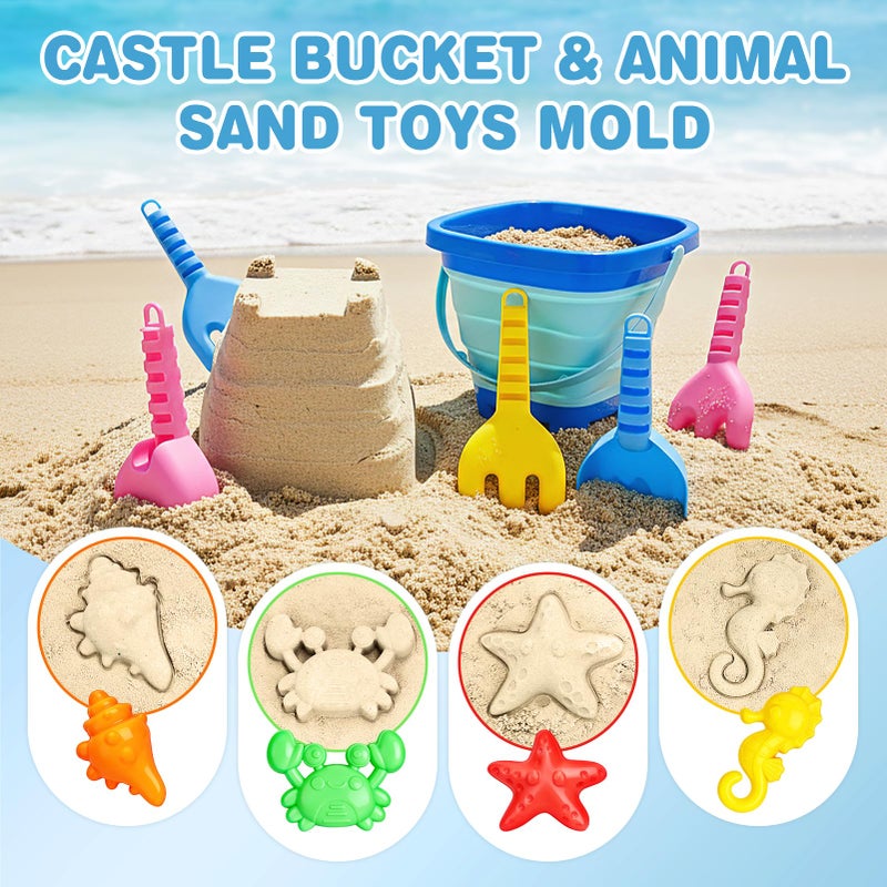 Dreamon Beach Toys for Kids 3-10, Collapsible Sand Castle Toys for Beach Include 3 Pack Foldable Buckets, Shovels Molds and Storage Mesh Bag, Sandbox Travel Toy for Toddlers Kids - Image 4