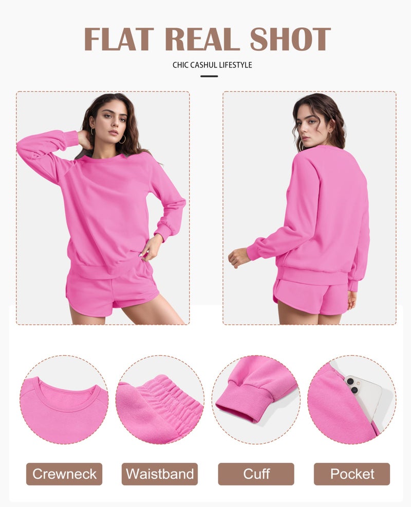 SELINK Women 2 Piece Outfits Sweatsuit Casual Long Sleeve Pullover and Shorts Sets Travel Tracksuit Pink-XXL - Image 4