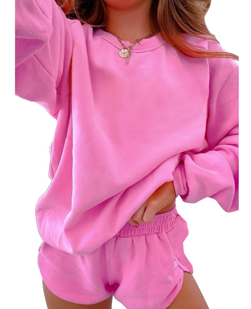 SELINK Women 2 Piece Outfits Sweatsuit Casual Long Sleeve Pullover and Shorts Sets Travel Tracksuit Pink-XXL - Image 1