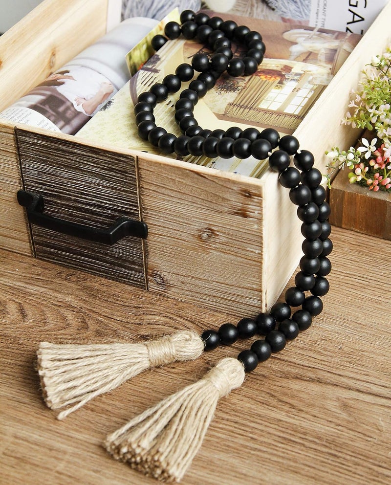 RAMIRABI 58in Wood Bead Garland with Tassels, Farmhouse Rustic Country Decor Prayer Boho Wall Hanging Decoration (Black) - Image 3