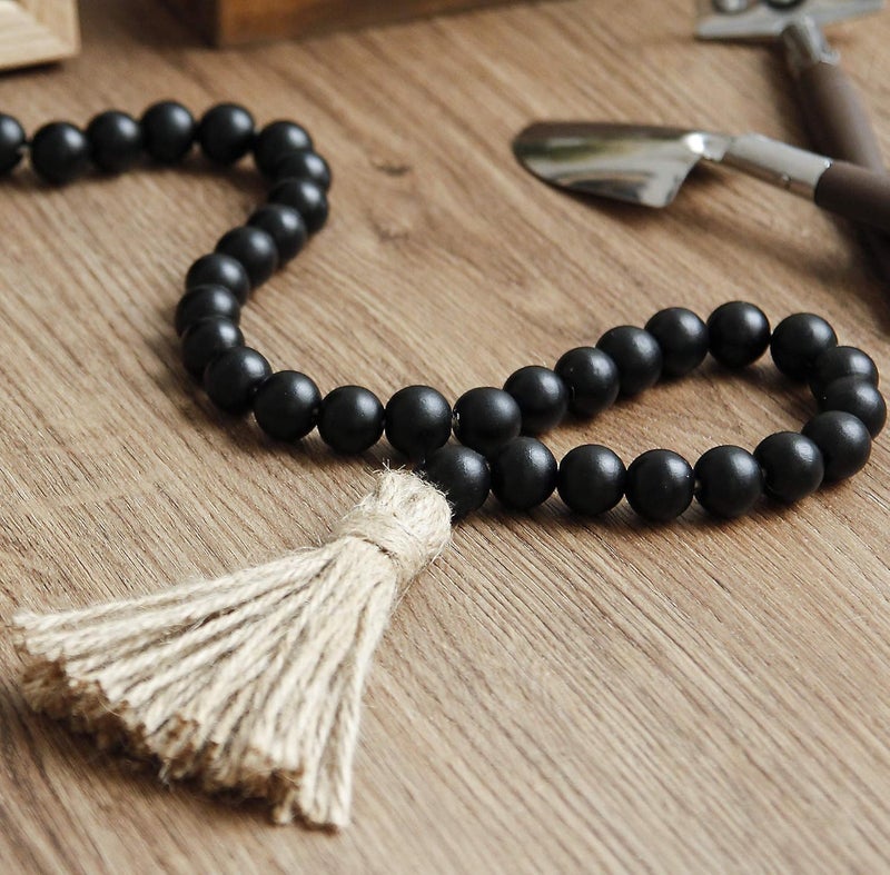 RAMIRABI 58in Wood Bead Garland with Tassels, Farmhouse Rustic Country Decor Prayer Boho Wall Hanging Decoration (Black) - Image 5