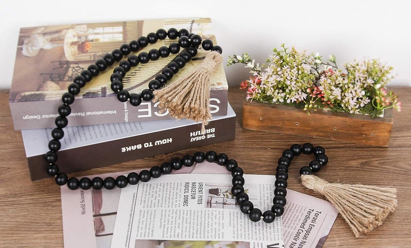 RAMIRABI 58in Wood Bead Garland with Tassels, Farmhouse Rustic Country Decor Prayer Boho Wall Hanging Decoration (Black) - Image 4
