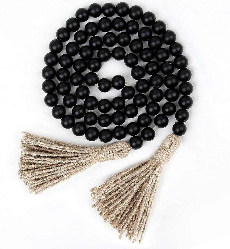 RAMIRABI 58in Wood Bead Garland with Tassels, Farmhouse Rustic Country Decor Prayer Boho Wall Hanging Decoration (Black) - Image 1