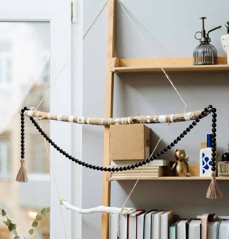 RAMIRABI 58in Wood Bead Garland with Tassels, Farmhouse Rustic Country Decor Prayer Boho Wall Hanging Decoration (Black) - Image 2