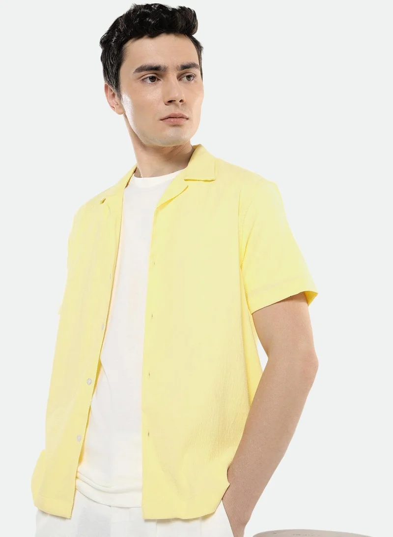 Dennis Lingo Relaxed Fit Yellow Shirt For Men Seersucker Popcorn Fabric Textured Pattern Cuban Collar Half Sleeves