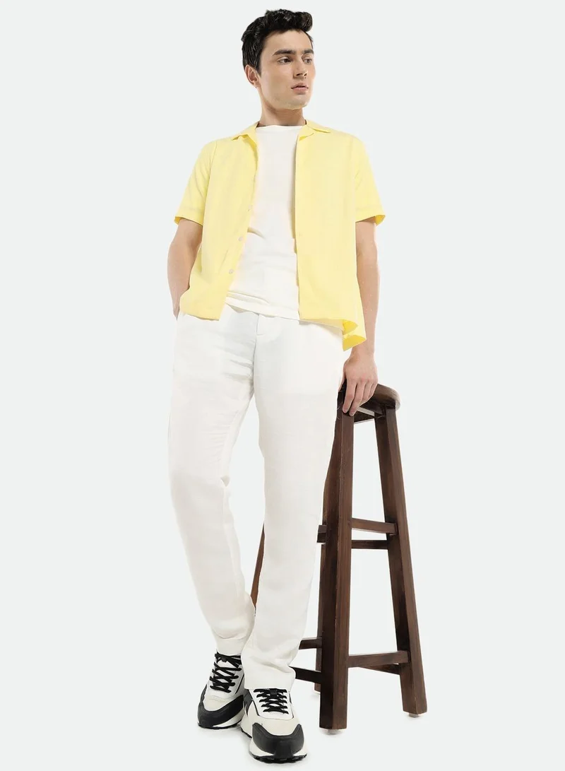 Dennis Lingo Relaxed Fit Yellow Shirt For Men Seersucker Popcorn Fabric Textured Pattern Cuban Collar Half Sleeves