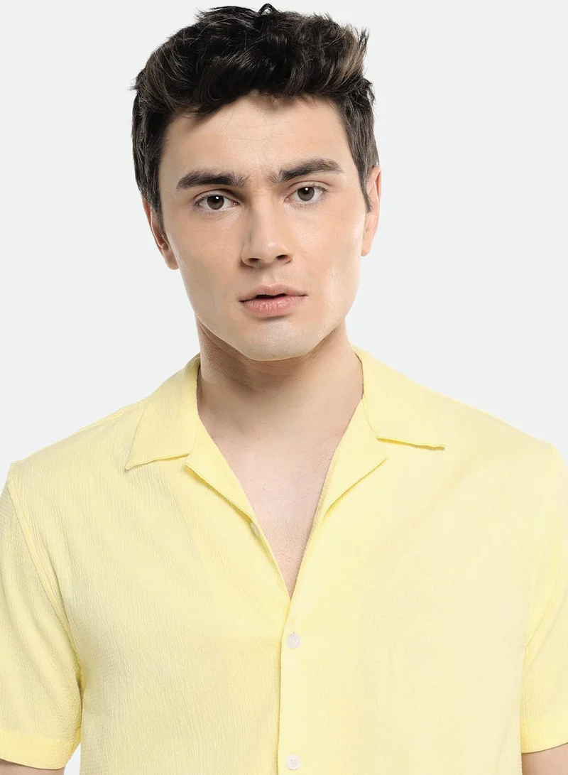 Dennis Lingo Relaxed Fit Yellow Shirt For Men Seersucker Popcorn Fabric Textured Pattern Cuban Collar Half Sleeves