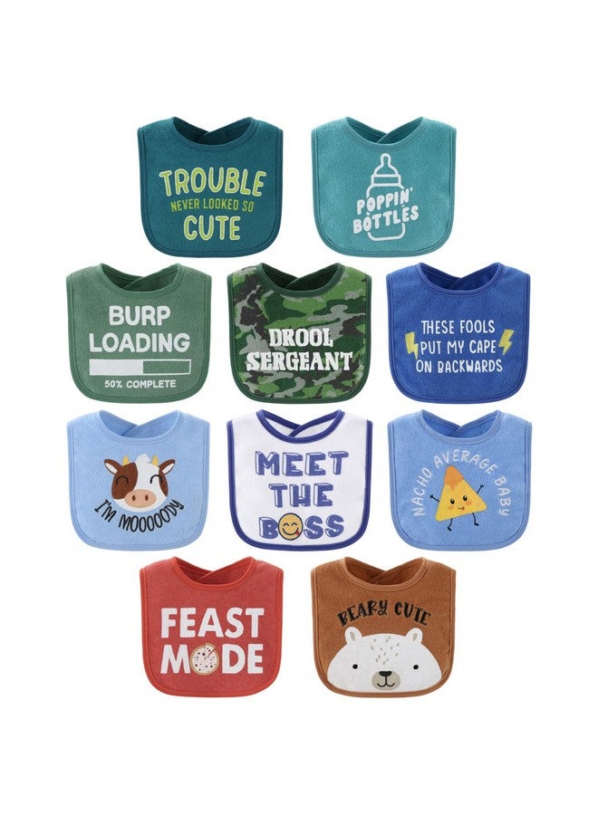 The Peanut Shell The Peanutshell Baby Boy Terry Bibs Set of 10-100% Cotton, Soft, Absorbent Baby Bibs, Toddler Boy Set, Newborn & Infant Bib - Oh Boy! - Image 1
