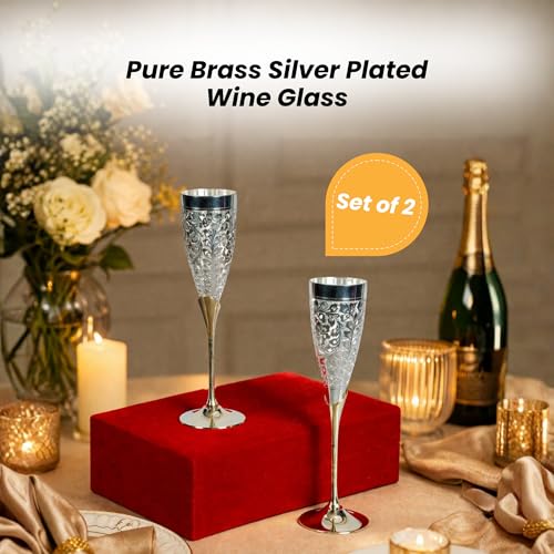 Piepot Pure Brass Silver Plated Wine Glass Set of 2 (300 ML Each) | Goblet Flute Style Tumbler | Premium Red Velvet Box | Premium Drinkware for Party | Ideal for Birthday Diwali & Wedding Gifting - Image 2