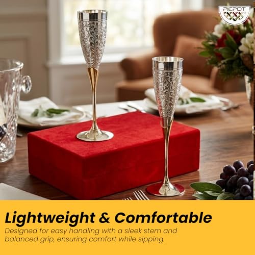 Piepot Pure Brass Silver Plated Wine Glass Set of 2 (300 ML Each) | Goblet Flute Style Tumbler | Premium Red Velvet Box | Premium Drinkware for Party | Ideal for Birthday Diwali & Wedding Gifting - Image 4