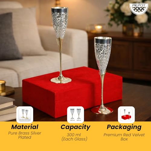 Piepot Pure Brass Silver Plated Wine Glass Set of 2 (300 ML Each) | Goblet Flute Style Tumbler | Premium Red Velvet Box | Premium Drinkware for Party | Ideal for Birthday Diwali & Wedding Gifting - Image 5