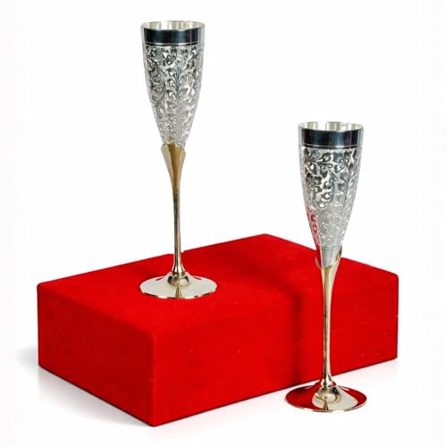 Piepot Pure Brass Silver Plated Wine Glass Set of 2 (300 ML Each) | Goblet Flute Style Tumbler | Premium Red Velvet Box | Premium Drinkware for Party | Ideal for Birthday Diwali & Wedding Gifting - Image 1