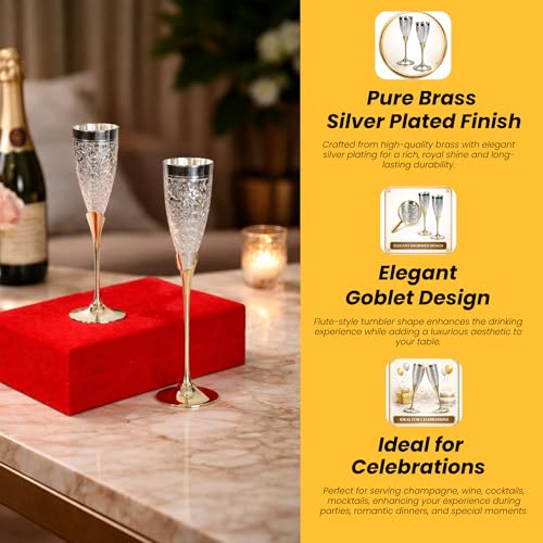 Piepot Pure Brass Silver Plated Wine Glass Set of 2 (300 ML Each) | Goblet Flute Style Tumbler | Premium Red Velvet Box | Premium Drinkware for Party | Ideal for Birthday Diwali & Wedding Gifting - Image 3