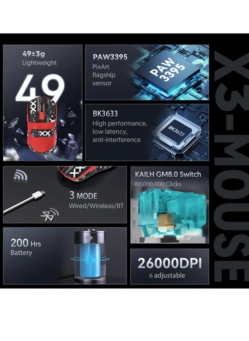 هجوم القرش ماوس ألعاب لاسلكي خفيف الوزن 49 جرامًا مع حساس ألعاب PixArt PAW3395، و DPI قابل للتعديل حتى 26000، بطارية تدوم لمدة 200 ساعة مع لصقات لتحكم أفضل Attack Shark X3  - Image 2