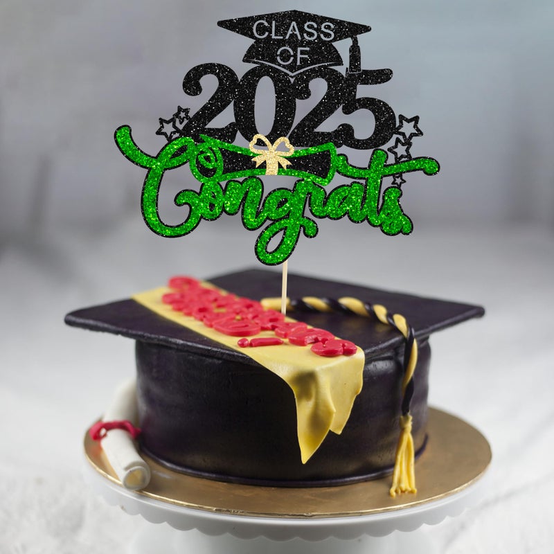 Ephlyn 1Pc Class of 2025 Cake Topper Glitter Congrats Grad Cap 2025 Graduation Cake Pick for 2025 Graduation Theme High School Boys Girls Graduate Party Cake Decorations Supplies Black Green - Image 5