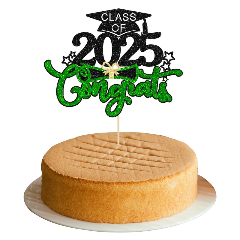 Ephlyn 1Pc Class of 2025 Cake Topper Glitter Congrats Grad Cap 2025 Graduation Cake Pick for 2025 Graduation Theme High School Boys Girls Graduate Party Cake Decorations Supplies Black Green - Image 1