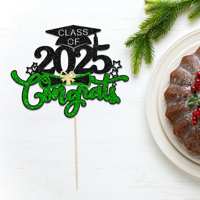 Ephlyn 1Pc Class of 2025 Cake Topper Glitter Congrats Grad Cap 2025 Graduation Cake Pick for 2025 Graduation Theme High School Boys Girls Graduate Party Cake Decorations Supplies Black Green - Image 4