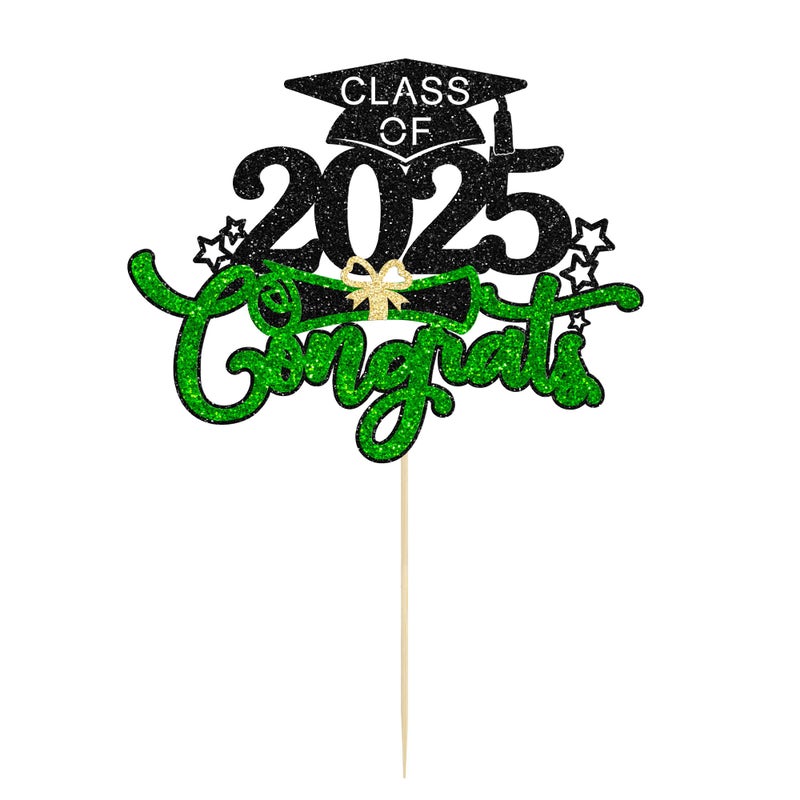Ephlyn 1Pc Class of 2025 Cake Topper Glitter Congrats Grad Cap 2025 Graduation Cake Pick for 2025 Graduation Theme High School Boys Girls Graduate Party Cake Decorations Supplies Black Green - Image 3