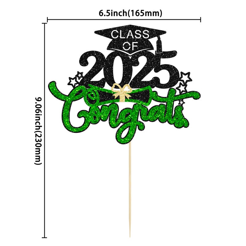 Ephlyn 1Pc Class of 2025 Cake Topper Glitter Congrats Grad Cap 2025 Graduation Cake Pick for 2025 Graduation Theme High School Boys Girls Graduate Party Cake Decorations Supplies Black Green - Image 2