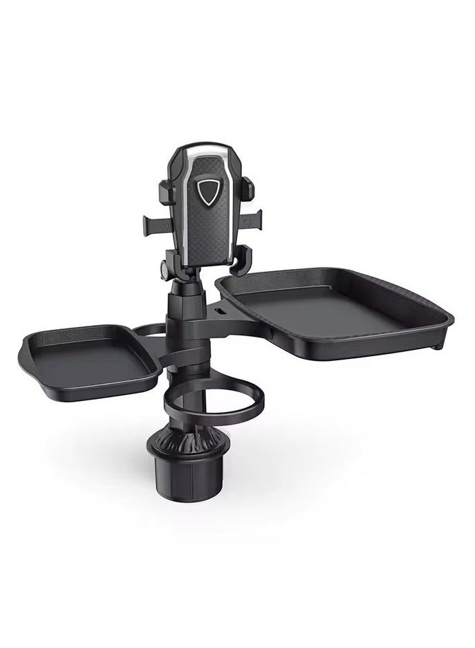 صينية حامل أكواب السيارة - طاولة طعام للسيارة قابلة للتعديل 4 في 1 مع حاملي أكواب مزدوجين، صينية طعام متعددة الوظائف تدور 360 درجة، أساسيات رحلة السفر للوجبات الخفيفة والمشروبات والأدوات - Image 2