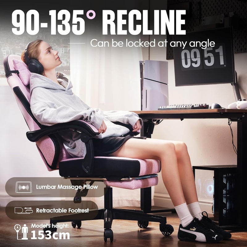 All consumer tier purchase options Chulovs Gaming chair Fabric with Spring Cushion, High Back Ergonomic Computer Chair with Footrest for Adults, Lumbar Support Swivel Game Chair for Office Gaming (Pink) Fault optimized construction - Image 5