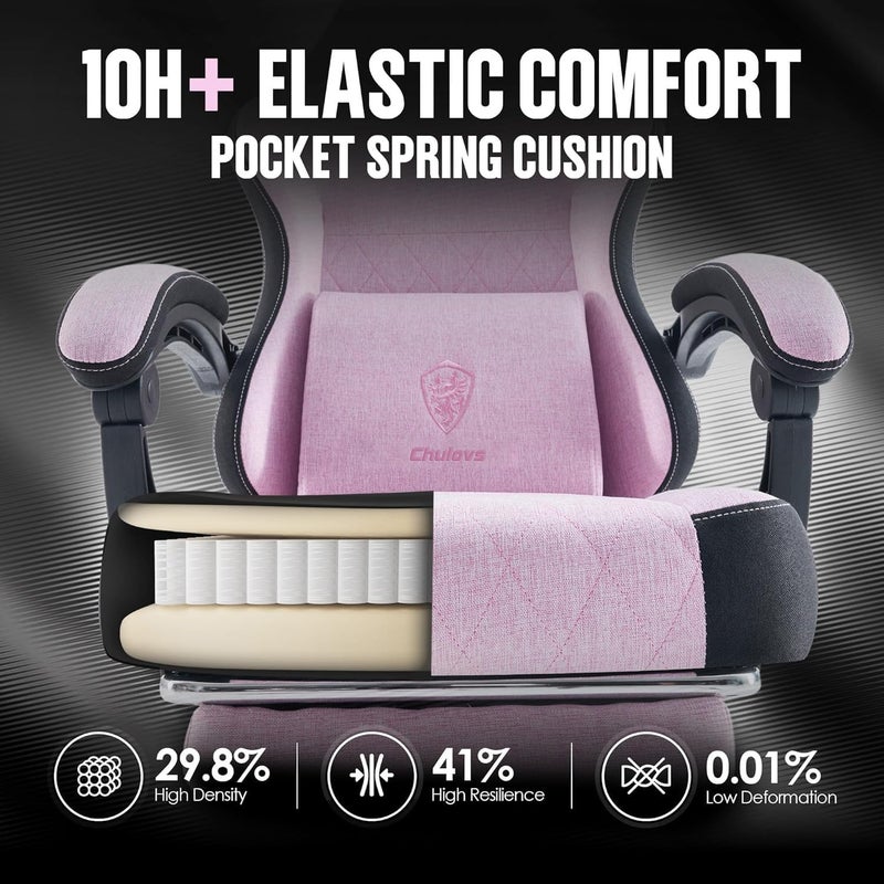 All consumer tier purchase options Chulovs Gaming chair Fabric with Spring Cushion, High Back Ergonomic Computer Chair with Footrest for Adults, Lumbar Support Swivel Game Chair for Office Gaming (Pink) Fault optimized construction - Image 4