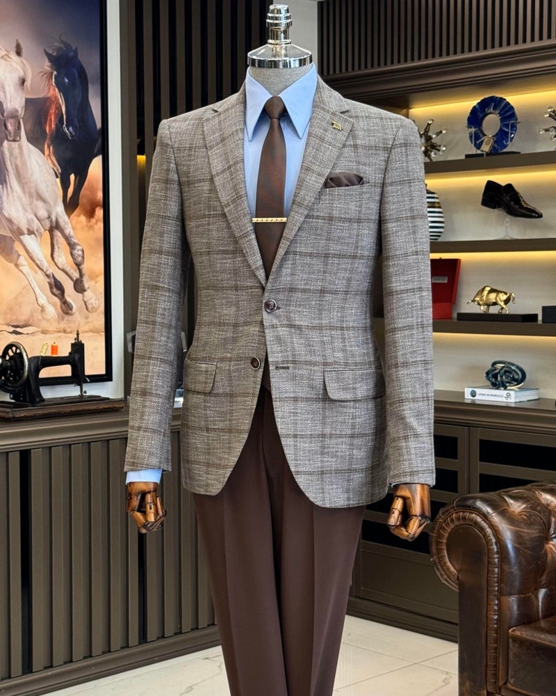 Terzi Adem Altun Tailor Adem Altun Classic Cut Regular Fit Mono Collar Plaid Men's Jacket Brown T12504 - Image 1