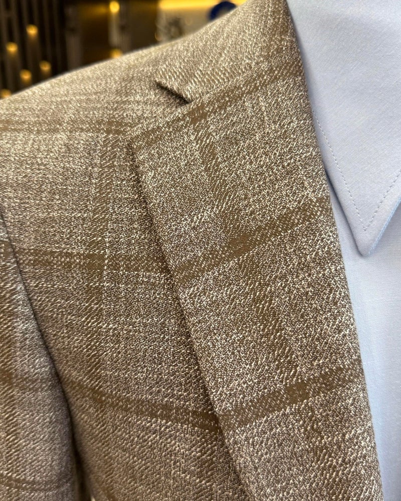 Terzi Adem Altun Tailor Adem Altun Classic Cut Regular Fit Mono Collar Plaid Men's Jacket Brown T12504 - Image 3