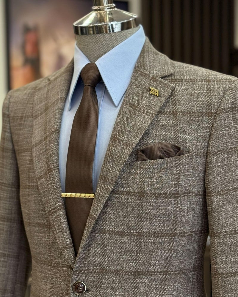 Terzi Adem Altun Tailor Adem Altun Classic Cut Regular Fit Mono Collar Plaid Men's Jacket Brown T12504 - Image 4