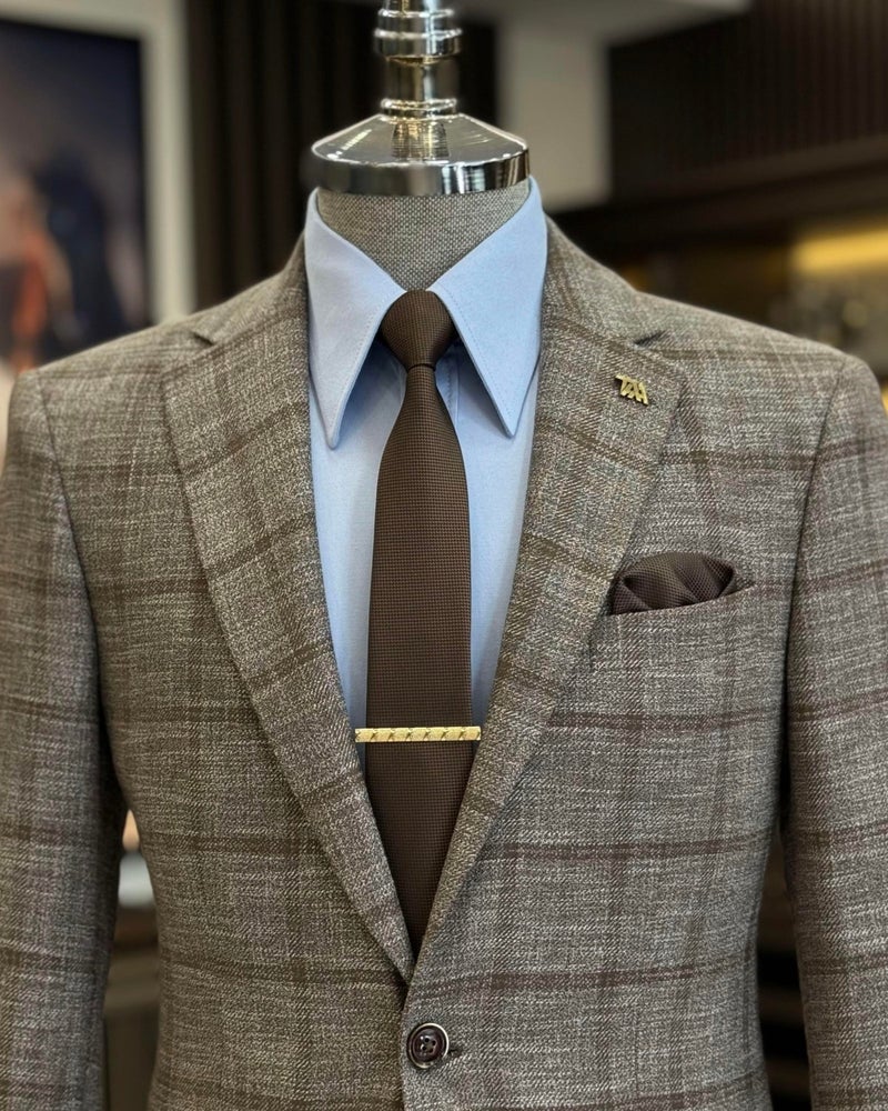 Terzi Adem Altun Tailor Adem Altun Classic Cut Regular Fit Mono Collar Plaid Men's Jacket Brown T12504 - Image 2