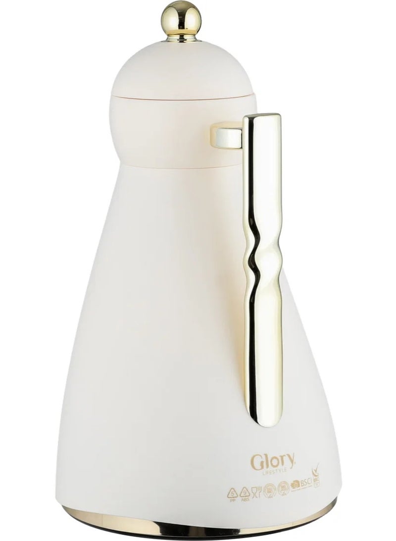 Glory Thermos, 1 Liter, Glass Inner Container, Push Button, Gold-Creamy Handle - Image 2
