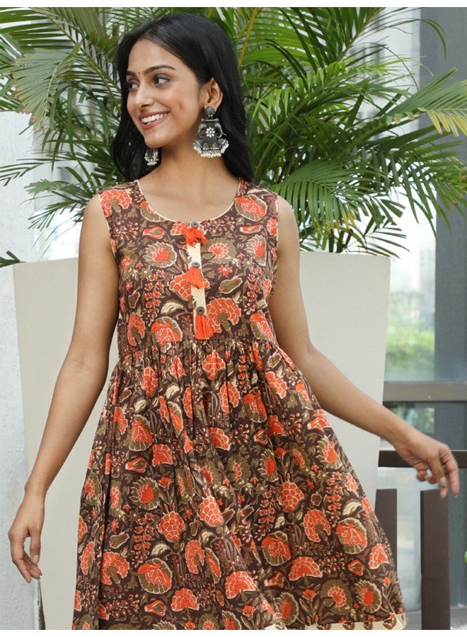 Brown floral print midi dress