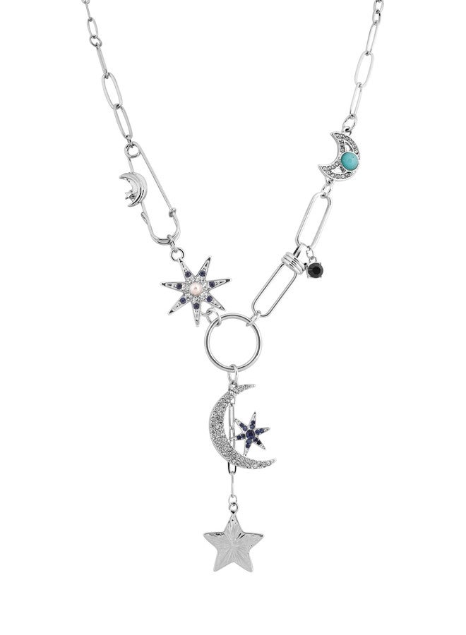 Sacina Gothic Boho Silver-tone Moon and Star Necklace, Star Jewelry, Black Charm Boho Necklace, Christmas Jewelry Gift For Women - Image 1