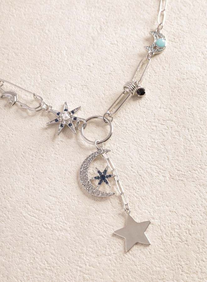 Sacina Gothic Boho Silver-tone Moon and Star Necklace, Star Jewelry, Black Charm Boho Necklace, Christmas Jewelry Gift For Women - Image 5
