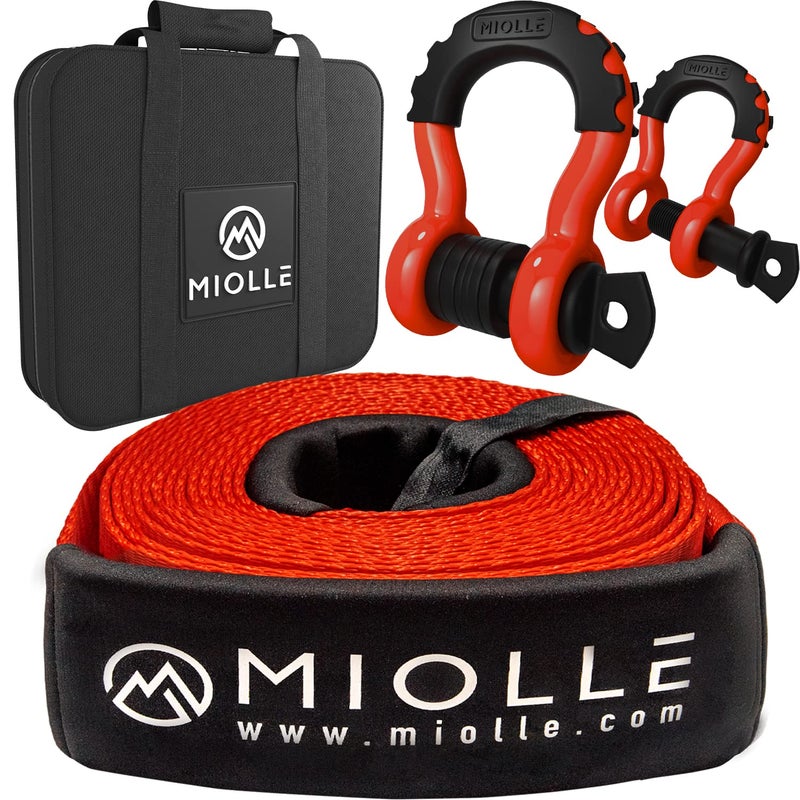 MiolleGear Tow Strap 3x20 33400lbs MBS Lab Tested Recovery Strap Kit Includes Tow Rope 2 DRing Shackles MBS41800LBS Storage Case
